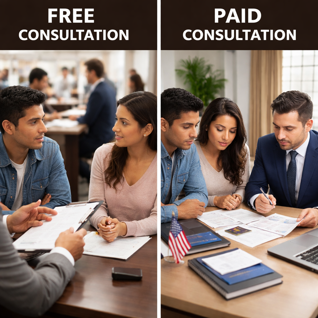 A photorealistic split-screen comparison showing two consultation scenarios - one side with a brief free consultation in a busy office setting, the other showing a detailed paid consultation with organized documents and focused discussion. Alt: Free versus paid immigration lawyer consultation fee comparison showing different consultation environments and depth.