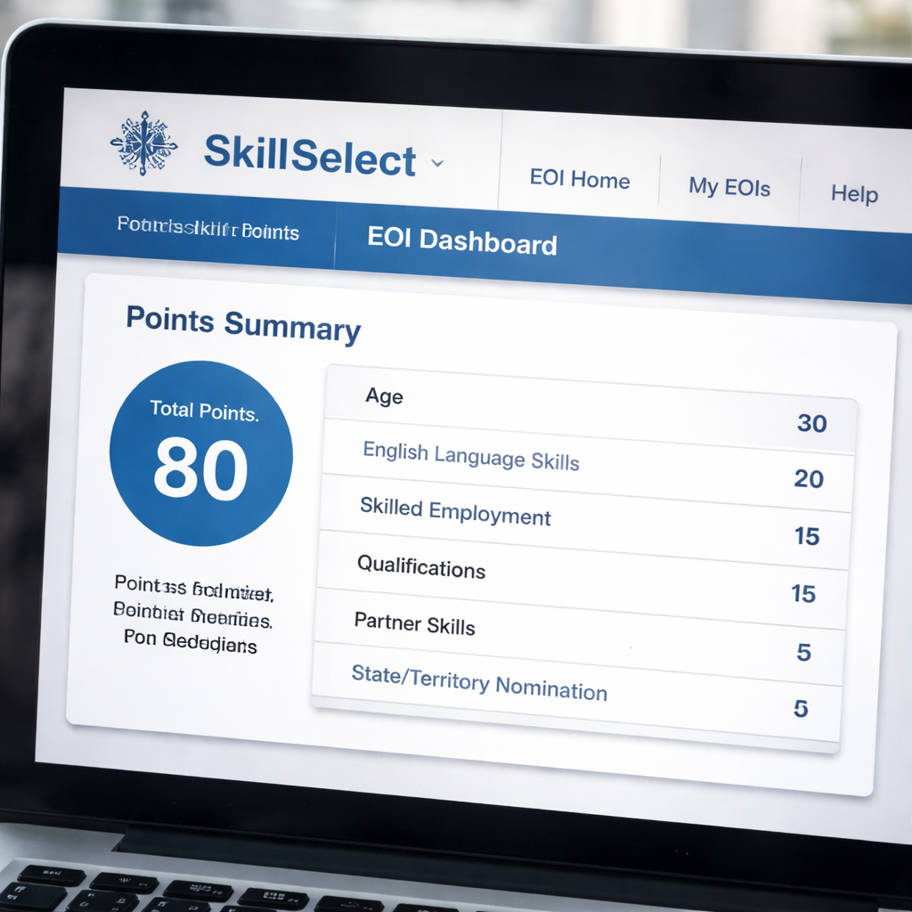 A photorealistic illustration of a computer screen showing the SkillSelect dashboard with an applicant&rsquo;s points summary. Alt: skillselect eoi dashboard for australian skilled migration visa