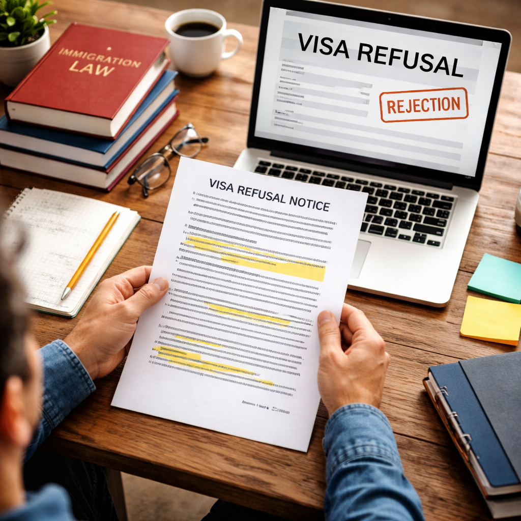 A photorealistic image of a person sitting at a desk, studying a visa refusal letter with highlighted sections, laptop open, and legal books nearby. Alt: visa refusal notice analysis guide