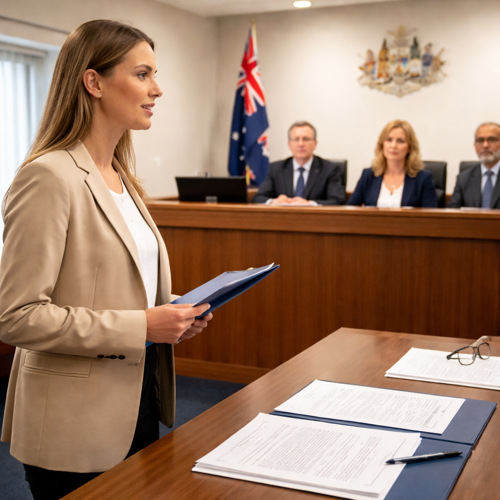 A photorealistic scene of a person standing in a courtroom, speaking to a Tribunal member, with documents on a table and a calm expression. Alt: visa appeal hearing in Australia