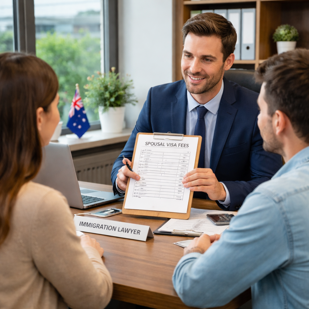 A realistic scene of a client meeting a migration lawyer in an office, discussing spousal visa fees. Alt: spousal visa lawyer cost australia consultation.
