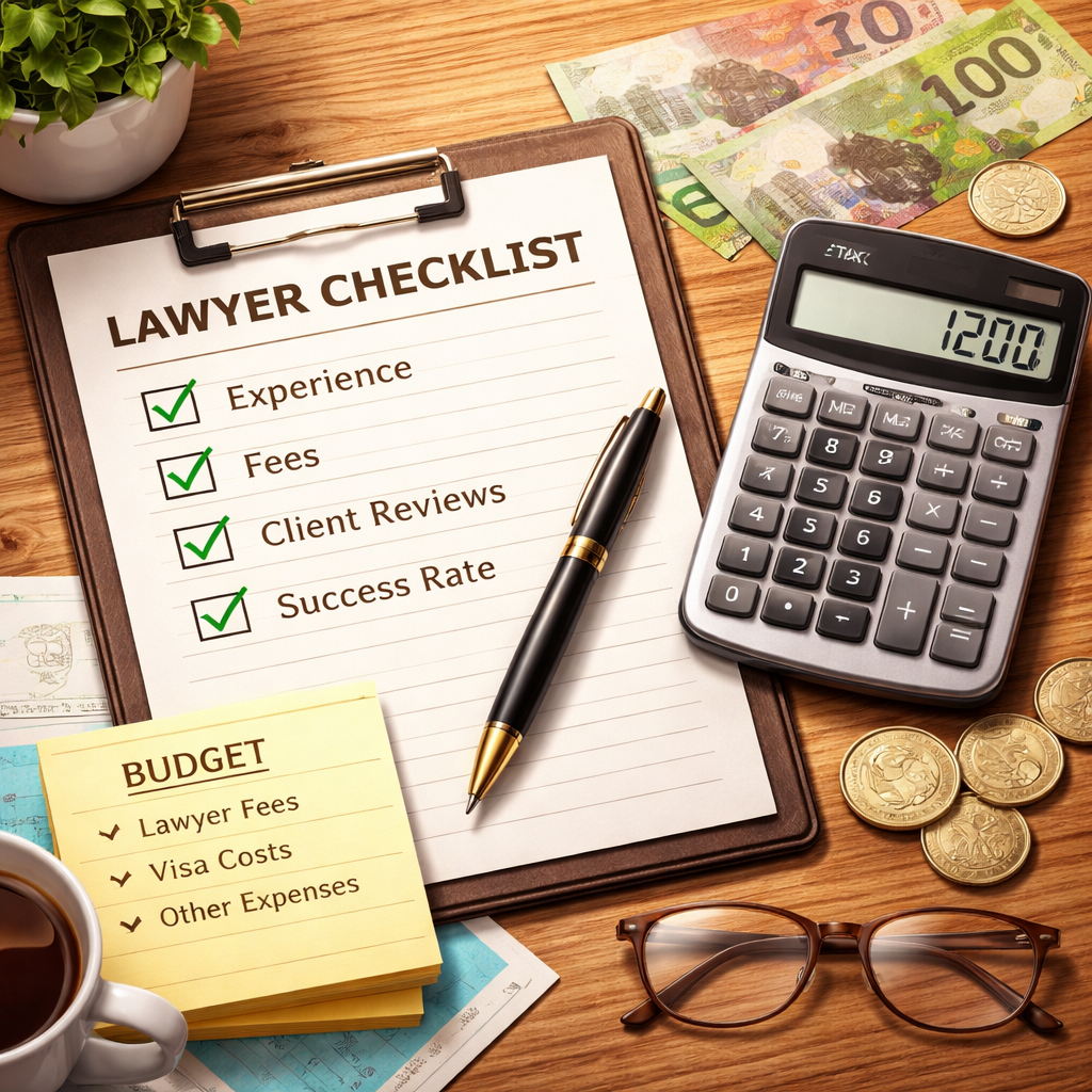 A realistic illustration of a checklist and calculator on a desk, symbolizing cost‑effective lawyer selection. Alt: spousal visa lawyer cost australia budgeting.