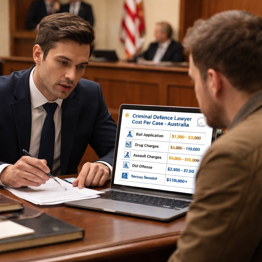 A realistic courtroom scene showing a lawyer consulting a client over documents, with a focus on clear pricing charts on a laptop screen. Alt: criminal defence lawyer cost per case australia visual guide