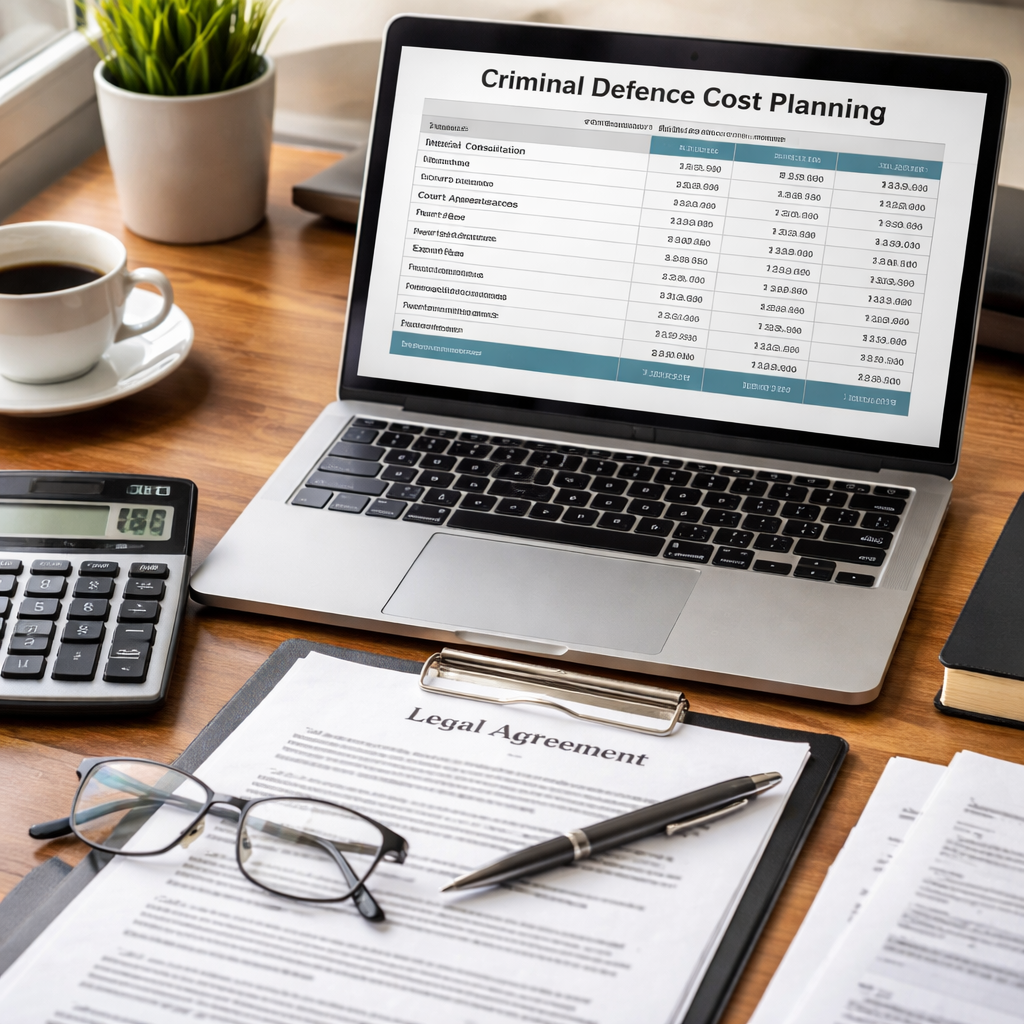 A realistic office desk with a calculator, legal documents, and a laptop showing a budgeting spreadsheet titled 