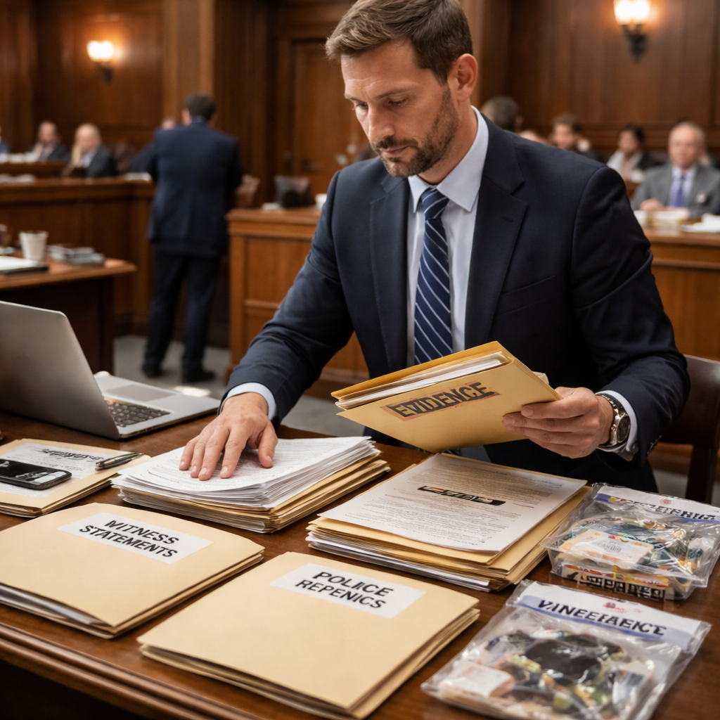A realistic courtroom scene showing a defendant at the dock, a judge&rsquo;s bench, and legal paperwork spread out on a table. Alt: 