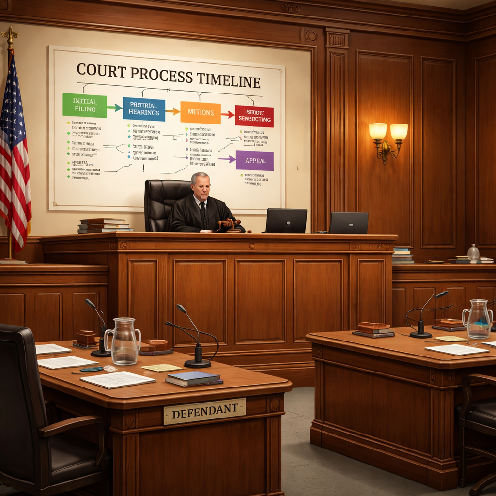 A realistic illustration of a courtroom layout showing the judge&rsquo;s bench, defendant&rsquo;s table, and a timeline chart on the wall. Alt: 