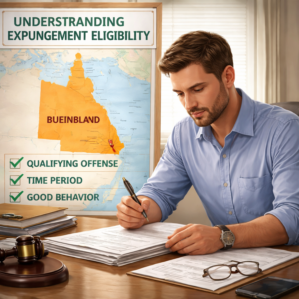 A realistic illustration of a person reviewing legal documents at a desk, with a Queensland map in the background highlighting the eligibility text. Alt: understanding expungement eligibility in Australia