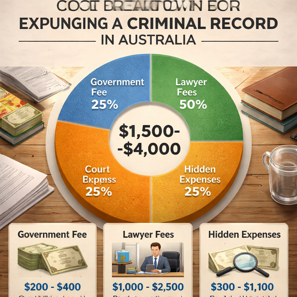 A realistic chart showing cost categories for expungement, with icons for government fee, lawyer, and hidden expenses. Alt: cost breakdown for expunging a criminal record in Australia