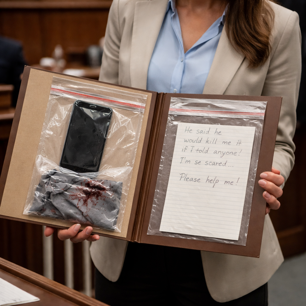 A realistic courtroom scene with a person calmly holding a folder of evidence, showing a phone, a piece of fabric, and a written note. Alt: calm person preserving assault evidence