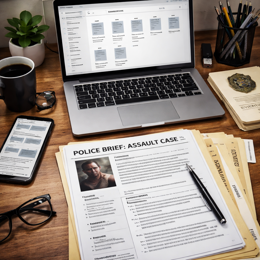 A realistic desk with a laptop open to a folder of documents, a phone showing a text thread, and a printed police brief. Alt: organized assault case evidence collection