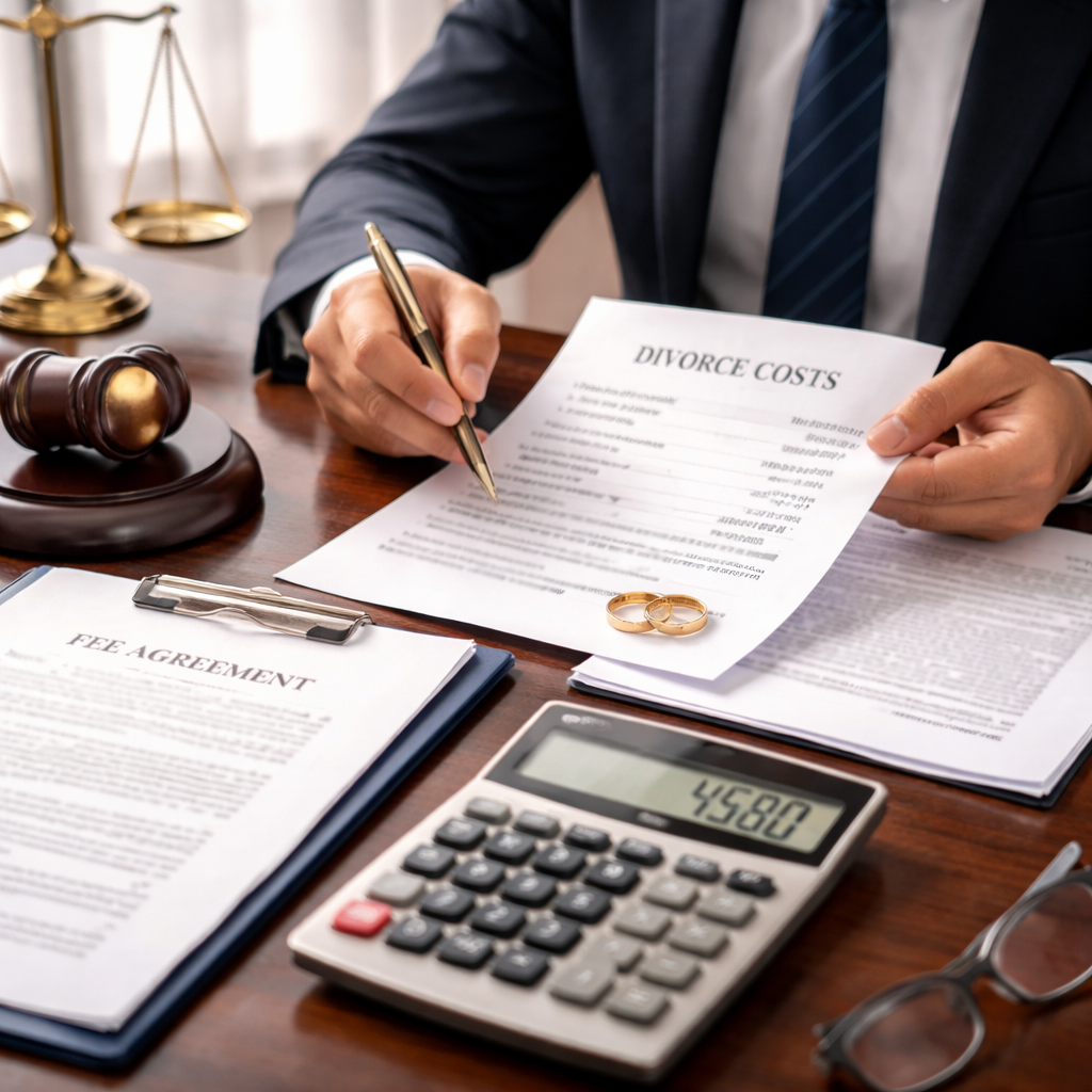 A realistic courtroom scene with a lawyer reviewing documents, showing a calculator and legal paperwork on a desk. Alt: divorce lawyer cost australia fee structure illustration