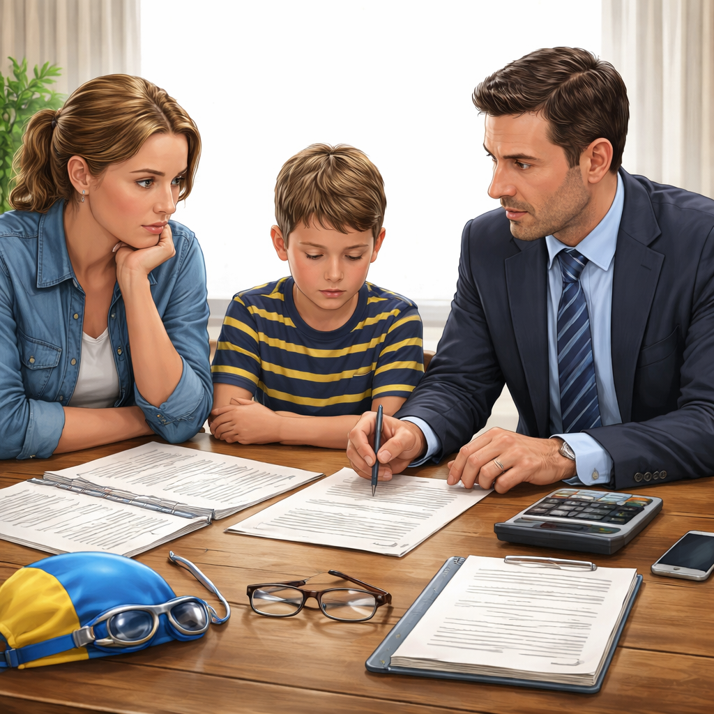 A realistic illustration of a family sitting with a lawyer at a table, paperwork spread out, a calculator and a child&rsquo;s swim cap visible. Alt: divorce lawyer cost australia budgeting tips